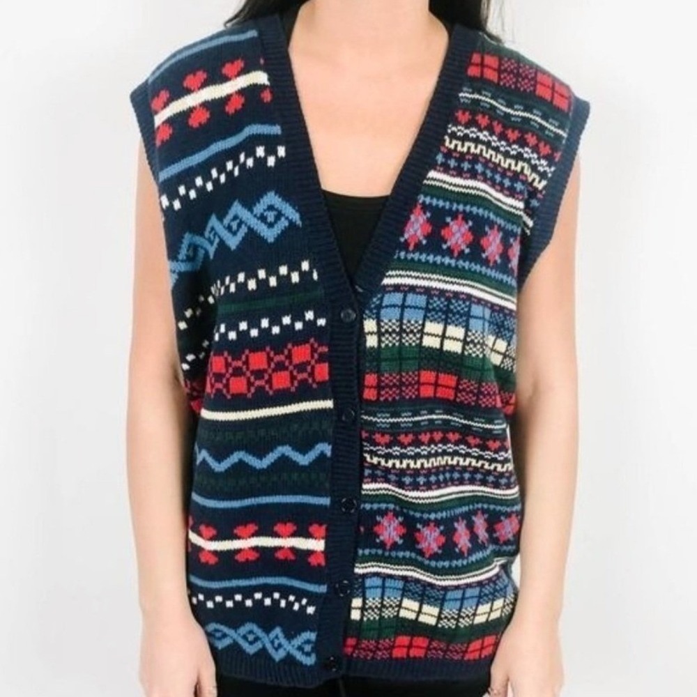 Napa Valley Vintage Fair Isle Geometric Knit Button Front Sweater Vest Navy XL